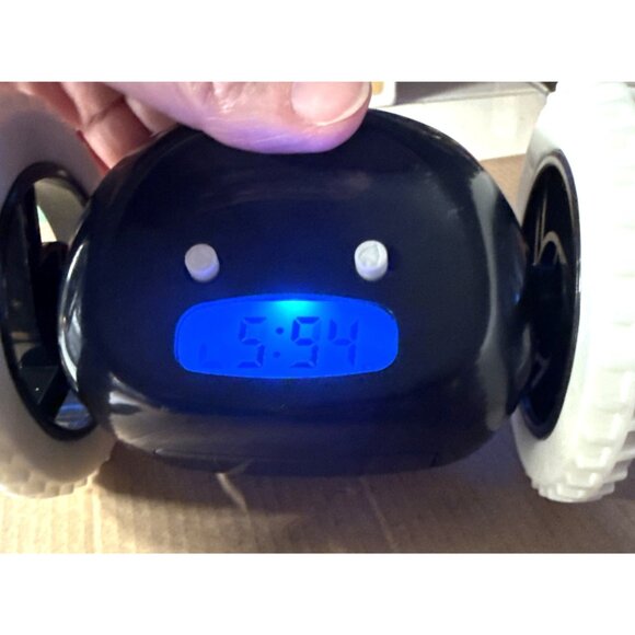 Alarm Clock on Wheels Black Runaway Lights Sounds Snooze - Picture 3 of 10